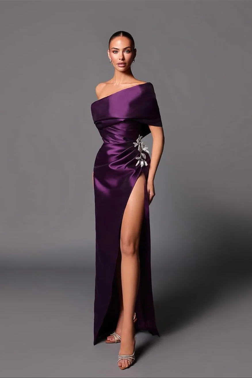 Classy Grape Off-The-Shoulder Satin Mermaid Prom Dress Detachable Skirt With Side Split - Image 3