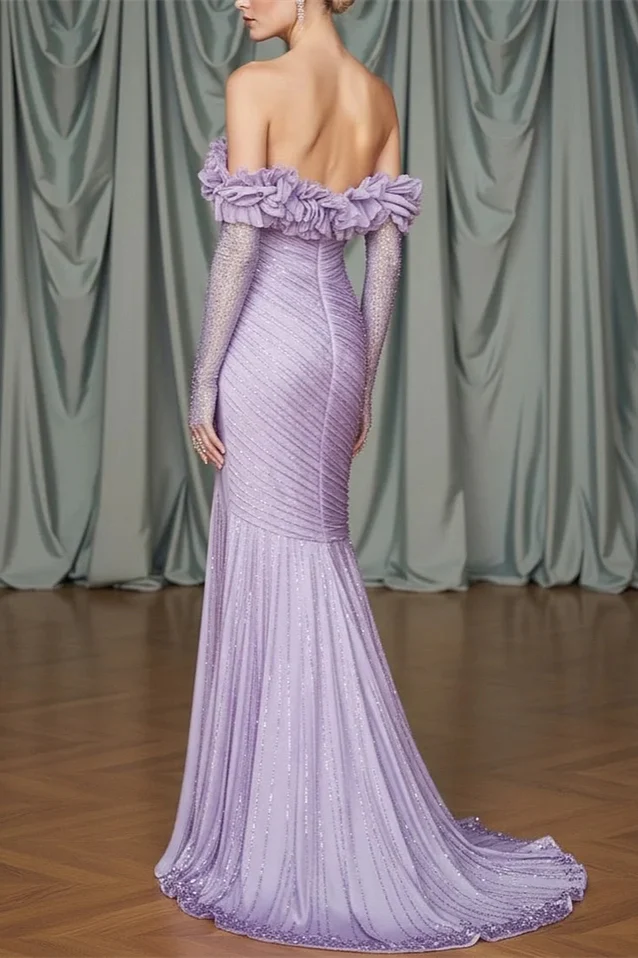 Classy Lilac Off-The-Shoulder Long Sleeves Mermaid Prom Dress Side Split With Beads Zipper - Image 2