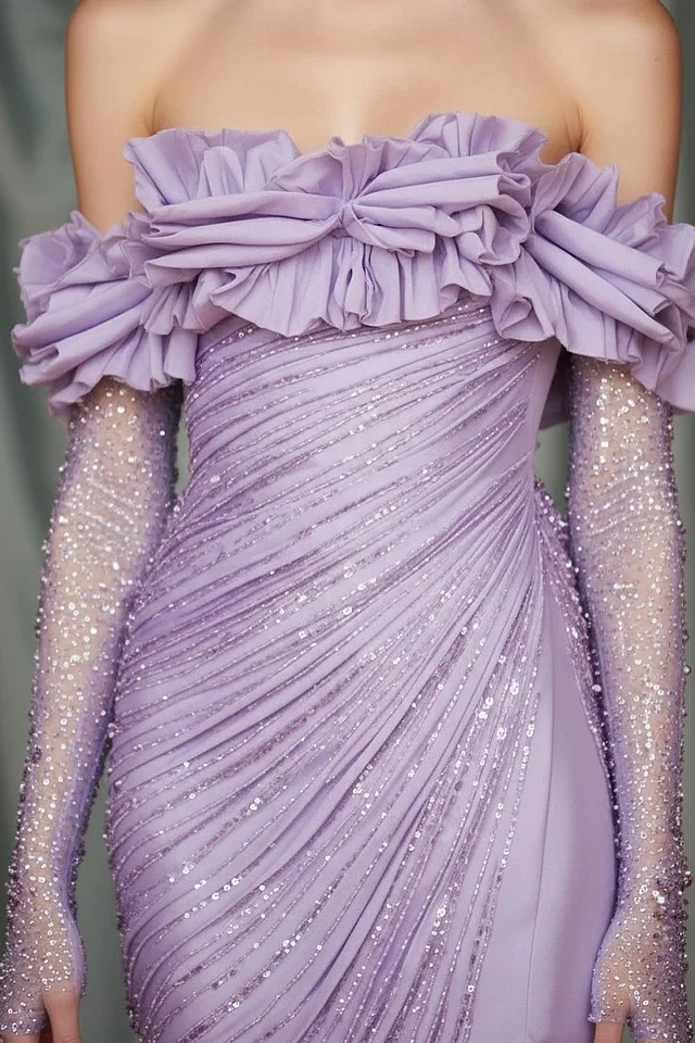 Classy Lilac Off-The-Shoulder Long Sleeves Mermaid Prom Dress Side Split With Beads Zipper - Image 3