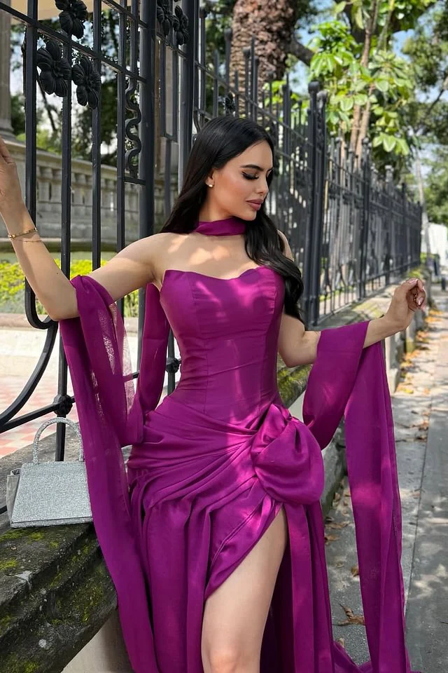 Classy Orchid Sweetheart Prom Dresses Satin Sleeveless High Slit With Pleats - Image 2