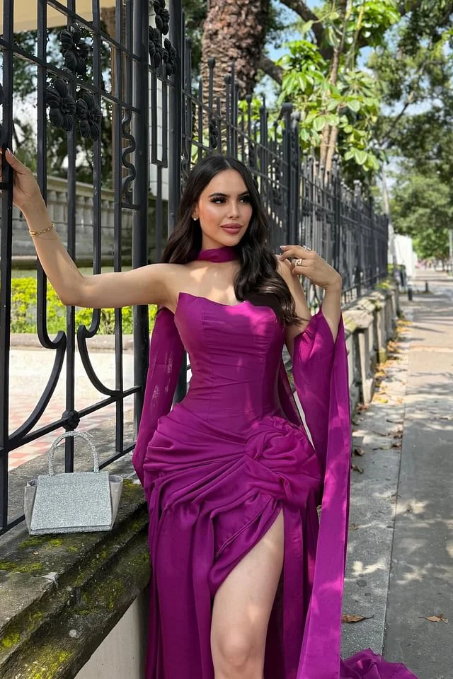 Classy Orchid Sweetheart Prom Dresses Satin Sleeveless High Slit With Pleats - Image 3