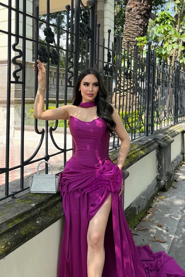 Classy Orchid Sweetheart Prom Dresses Satin Sleeveless High Slit With Pleats - Image 5