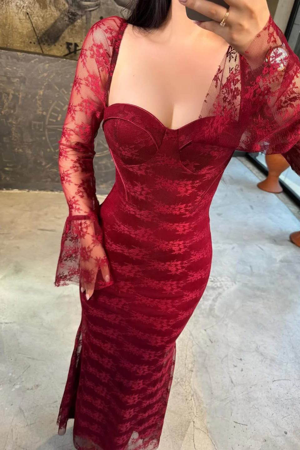 Classy Red Sweetheart Long Sleeve Prom Dress Mermaid Sheath Lace With Zipper - Image 3