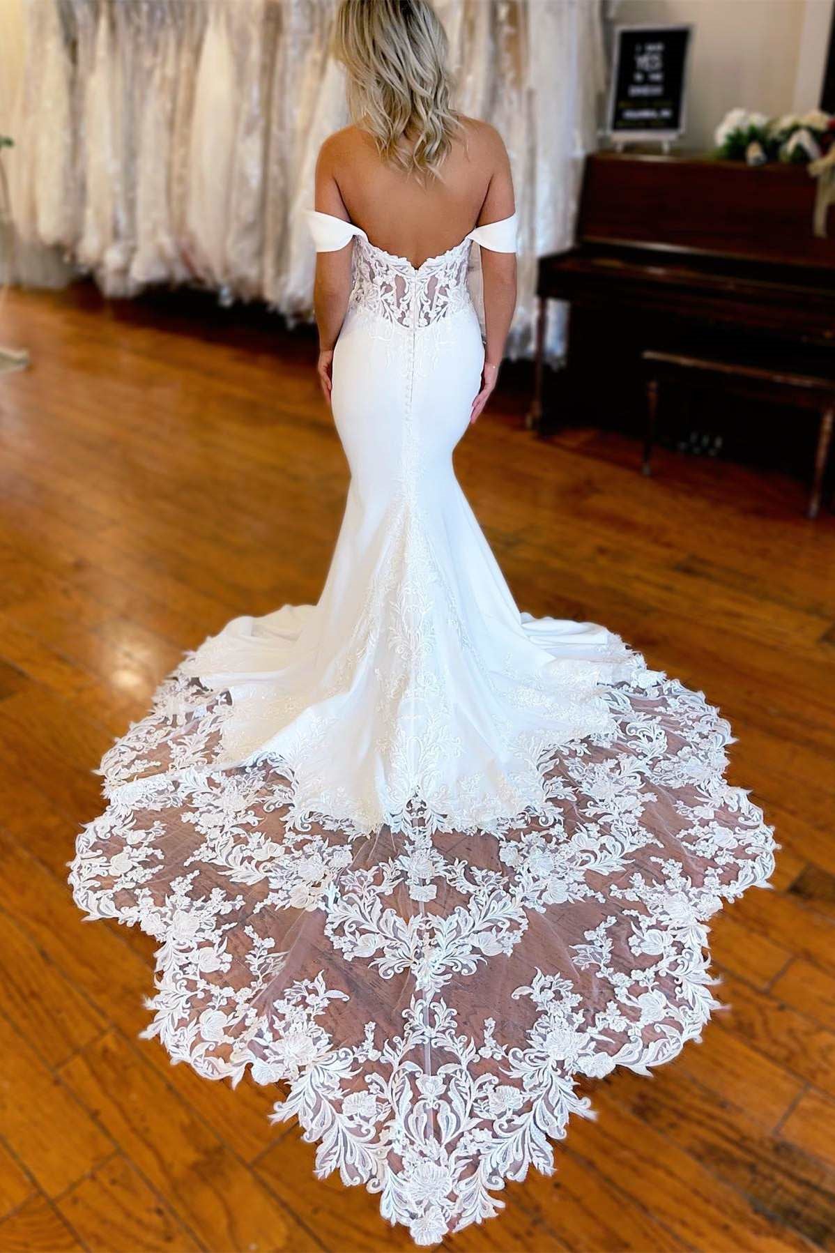 Classy Satin Off-The-Shoulder Sleeveless Mermaid Wedding Dress Open Back With Buttons Appliques Lace - Image 2