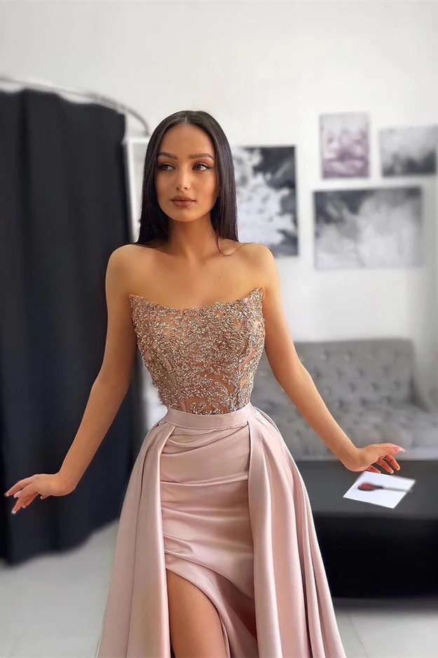 Classy Strapless Dusty Pink Prom Dress Mermaid Slit With Lace Appliques - Image 2