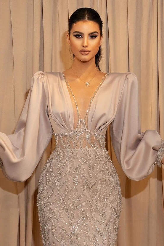 Classy V-Neck Evening Dress with Long Sleeves and Beadings - Image 2