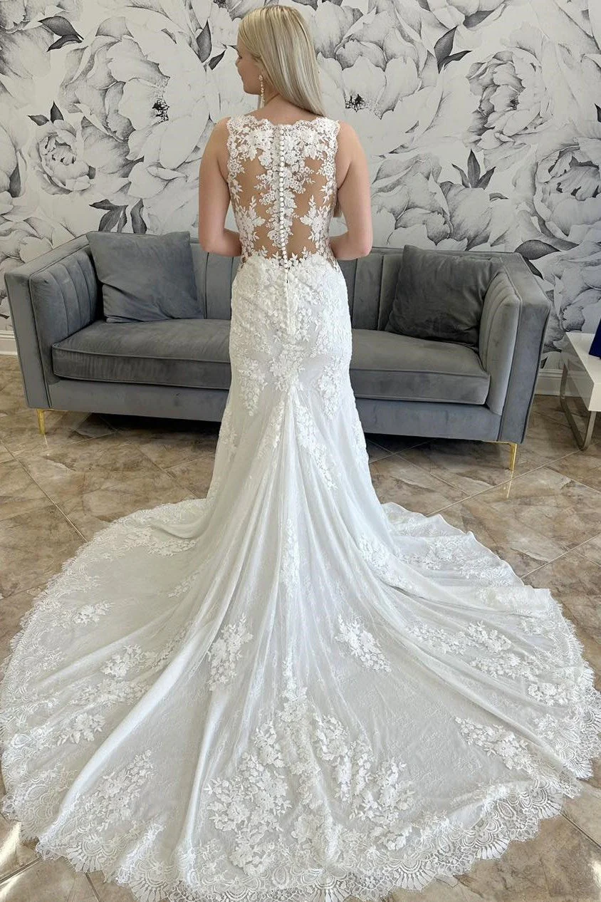 Classy V-Neck Straps Sleeveless Wedding Dresses Mermaid Appliques Lace Long With Buttons - Image 2