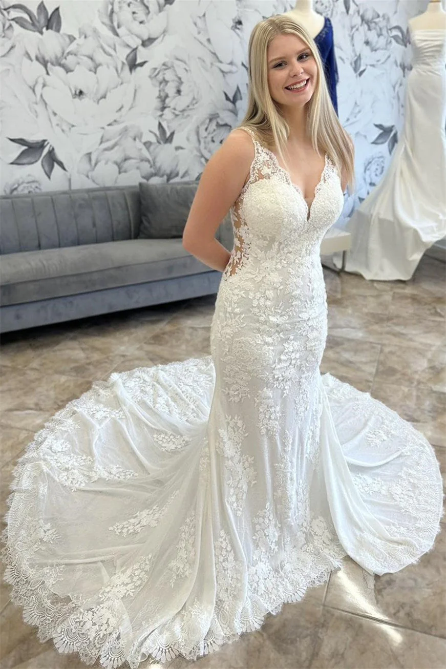Classy V-Neck Straps Sleeveless Wedding Dresses Mermaid Appliques Lace Long With Buttons - Image 3
