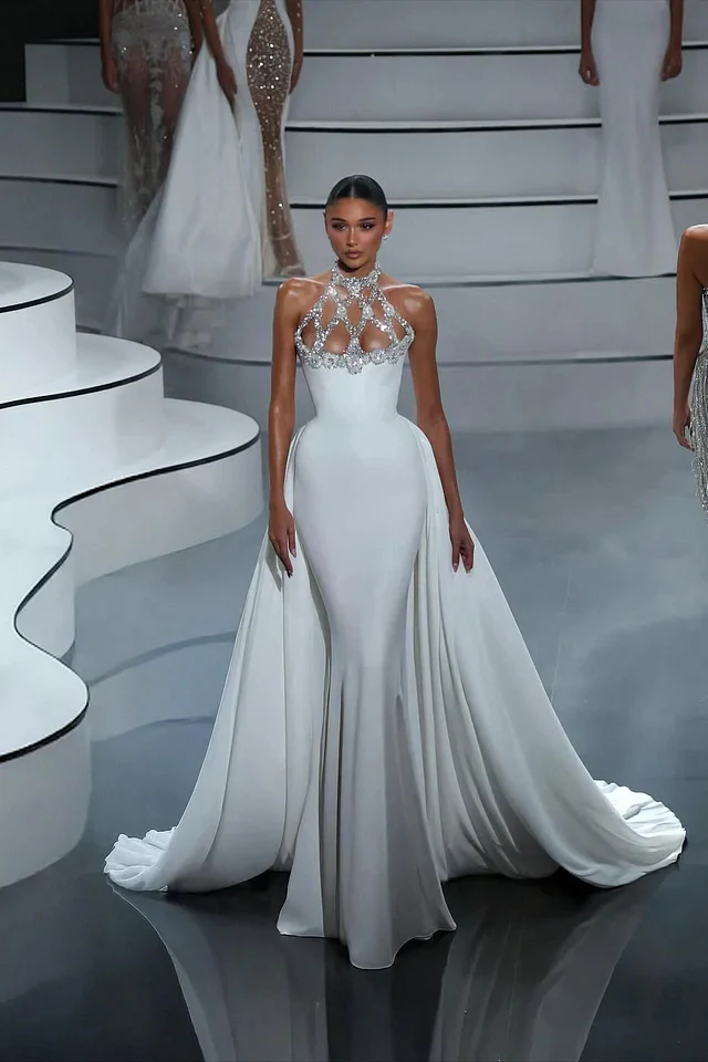 Classy White Halter Sleeveless Satin Mermaid Prom Dress Column Gem With Train - Image 2