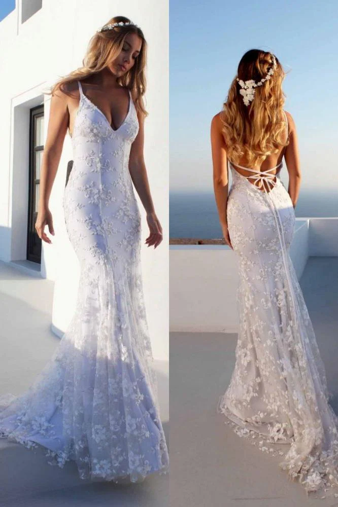 Cloth-fitting Floor Length Lace V-neck Spaghetti Open Back Prom Dresses Party Gowns With Lace Up - Image 2