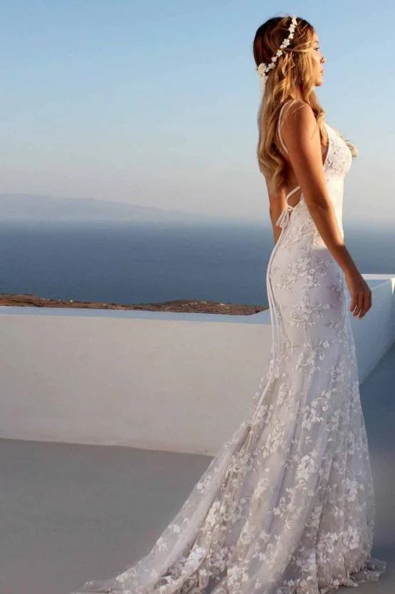 Cloth-fitting Floor Length Lace V-neck Spaghetti Open Back Prom Dresses Party Gowns With Lace Up - Image 3