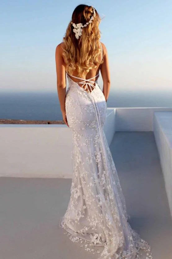 Cloth-fitting Floor Length Lace V-neck Spaghetti Open Back Prom Dresses Party Gowns With Lace Up - Image 4