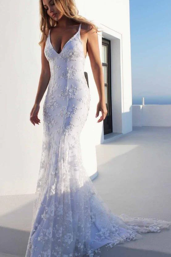 Cloth-fitting Floor Length Lace V-neck Spaghetti Open Back Prom Dresses Party Gowns With Lace Up - Image 5