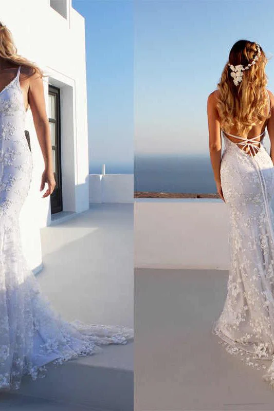 Cloth-fitting Floor Length Lace V-neck Spaghetti Open Back Prom Dresses Party Gowns With Lace Up - Image 6