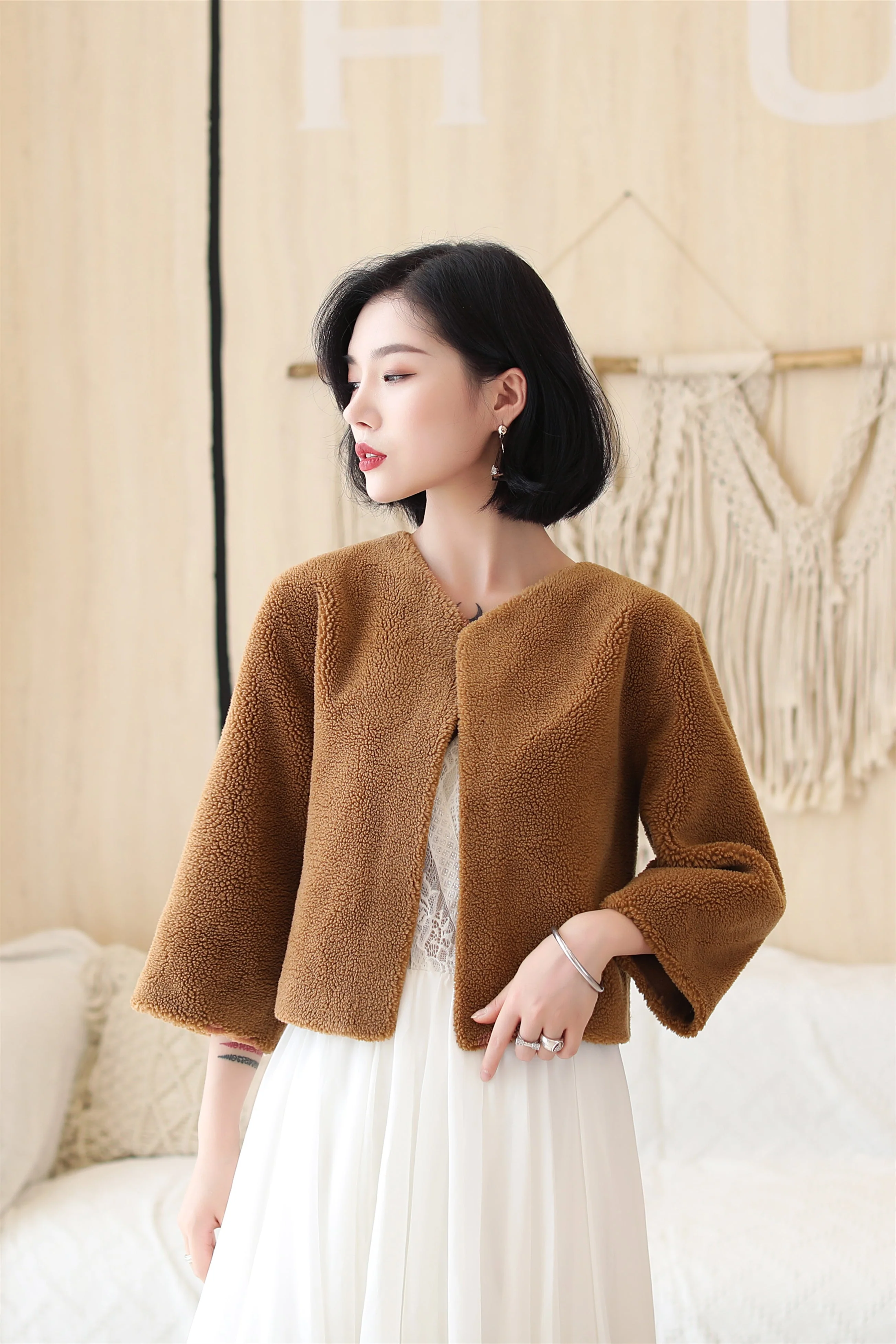 Coffee-colored Faux Mink Fur Collarless Short Jacket & Wedding Shawl - Image 2