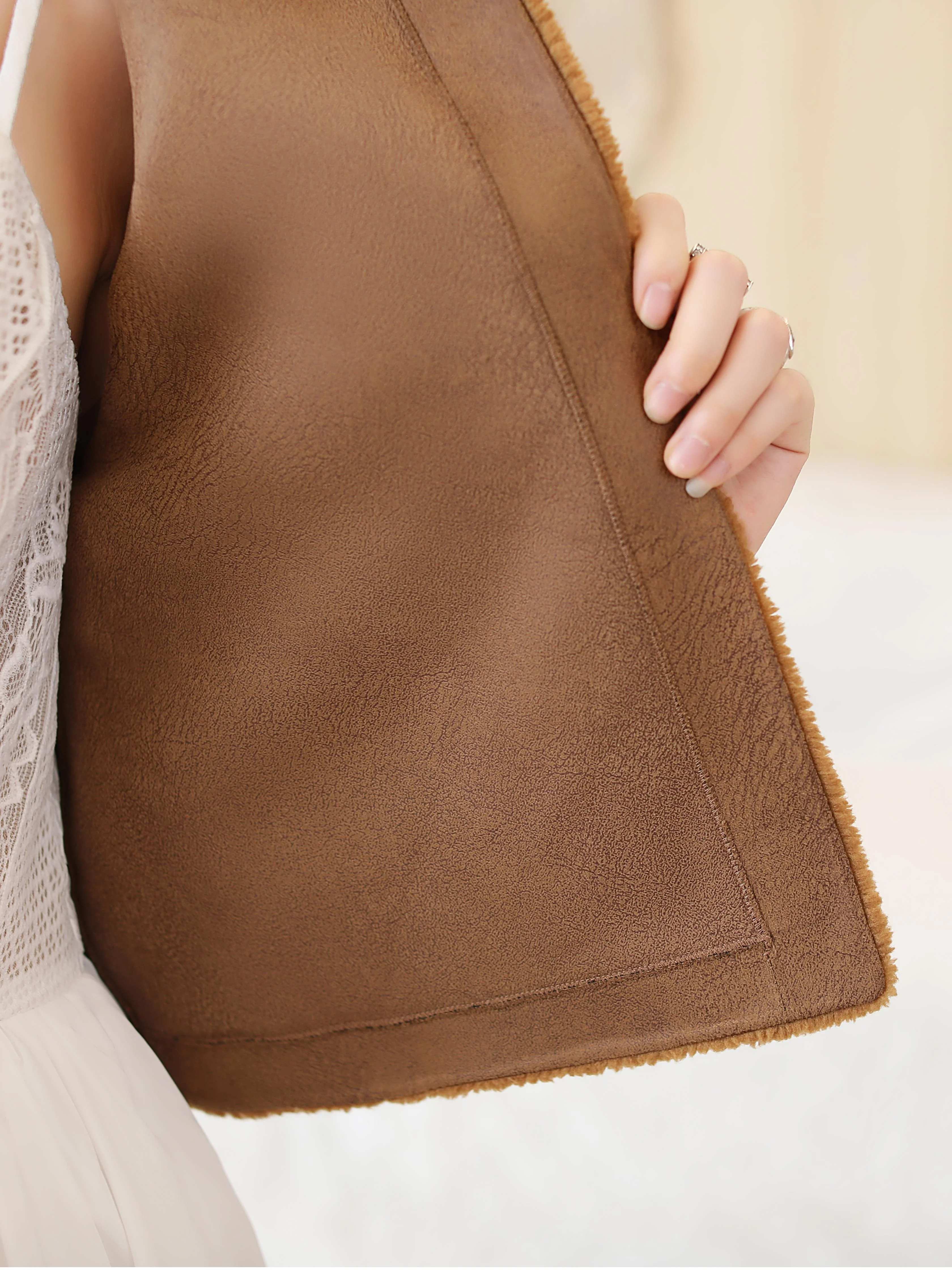 Coffee-colored Faux Mink Fur Collarless Short Jacket & Wedding Shawl - Image 8
