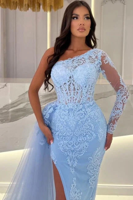 Ballbella Column Long Slit Front Sky Blue Tulle One Shoulder Long Sleeve Evening Dress with Lace - Image 2