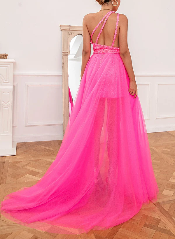 Column One-Shoulder Detchable Train Tulle/Sequined Homecoming Dresses - Image 3