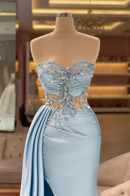 Ballbella Column Slit Front Long Sweetheart Strapless Sleeveless Sky Blue Ruffle Stain Evening Dress with Beadings - Image 2