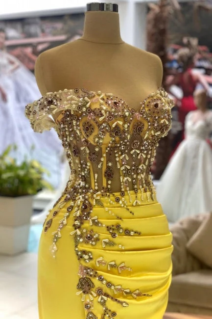 Ballbella Column Yellow Sleeveless Off-The-Shoulder Stain Long Sweetheart Evening Dress with Beadings - Image 2