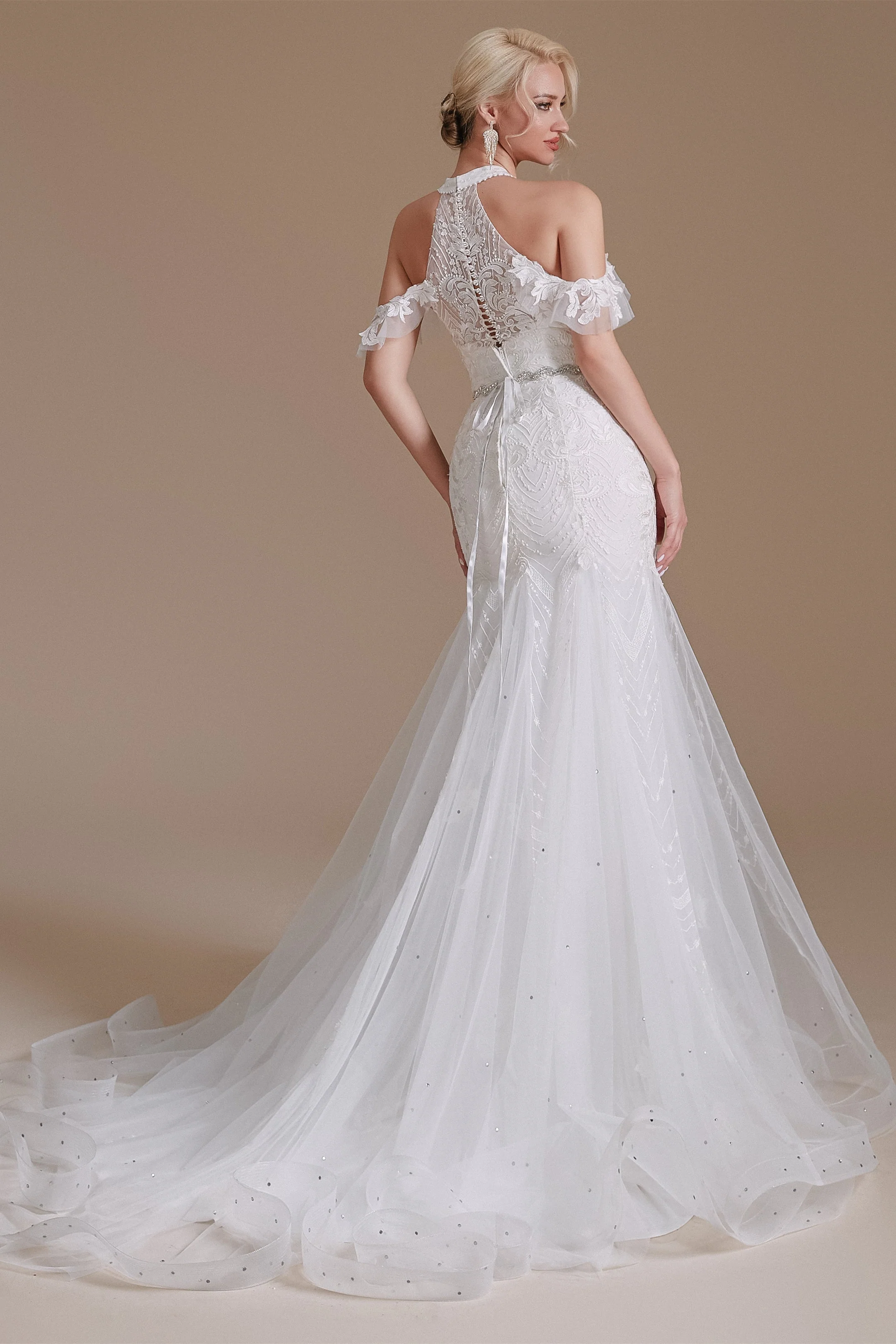 Cool Shouder V Neck Court Applique Mermaid Wedding Dress | Ballbella Design - Image 2