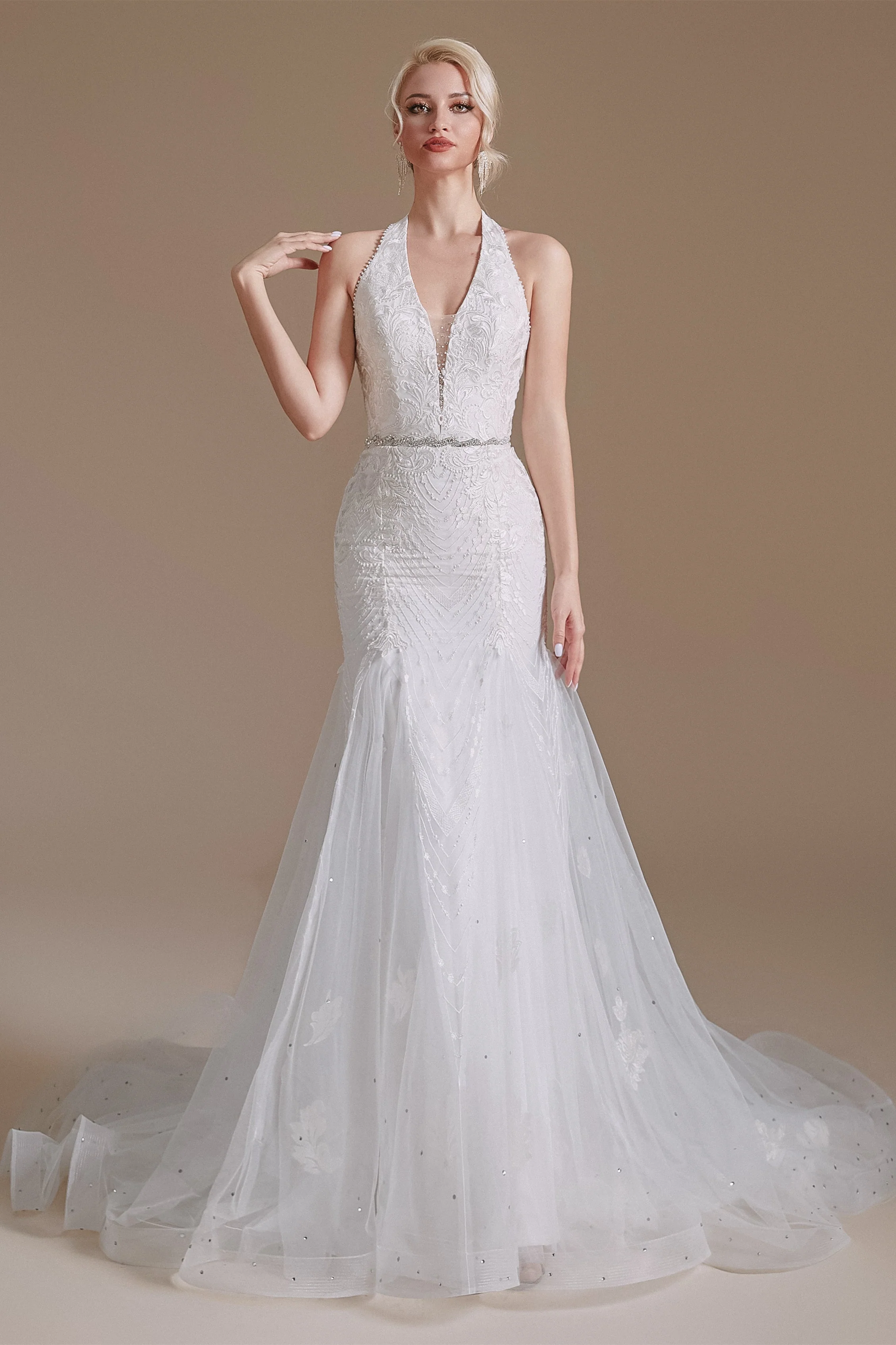 Cool Shouder V Neck Court Applique Mermaid Wedding Dress | Ballbella Design - Image 3