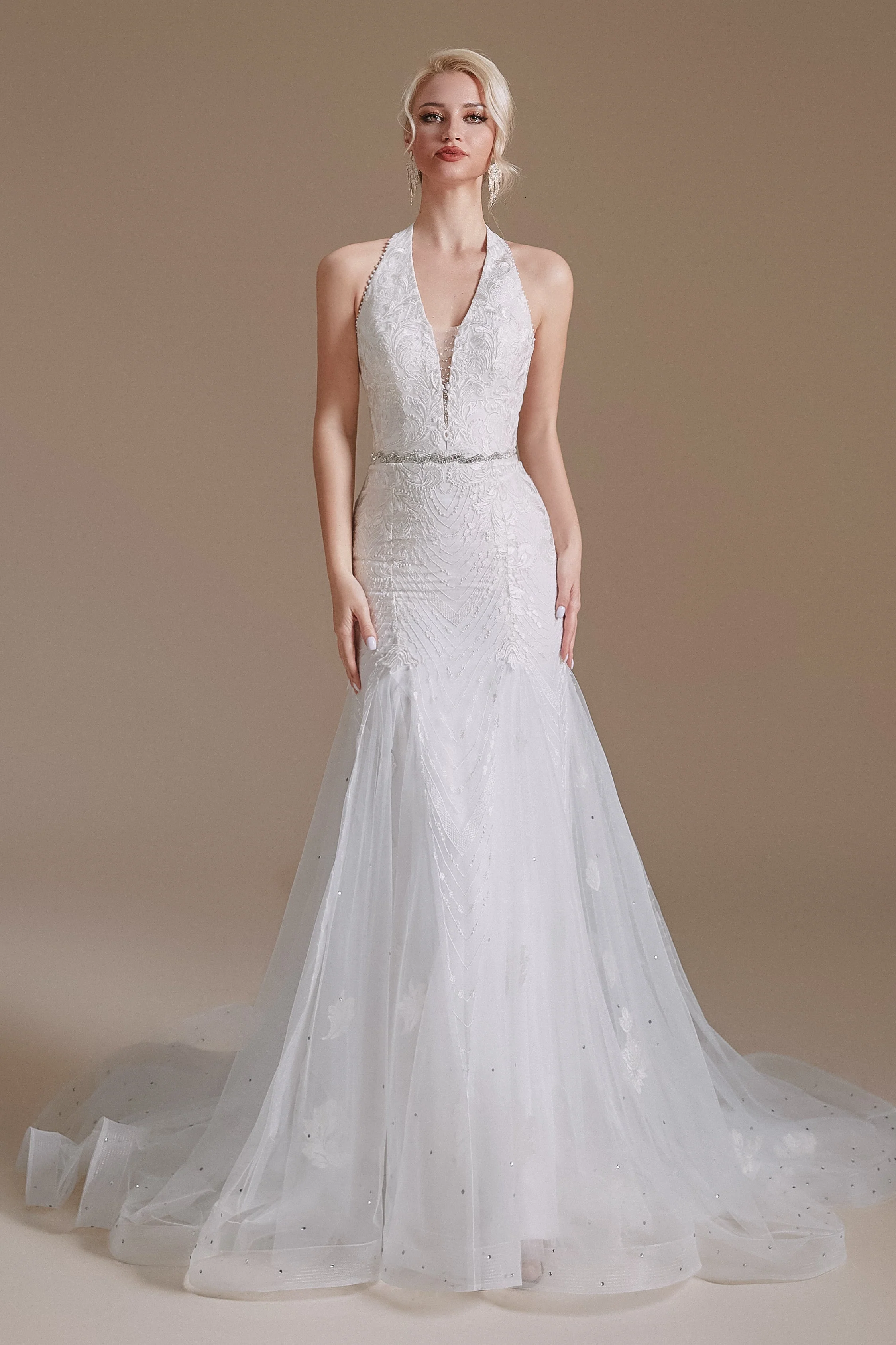 Cool Shouder V Neck Court Applique Mermaid Wedding Dress | Ballbella Design - Image 4