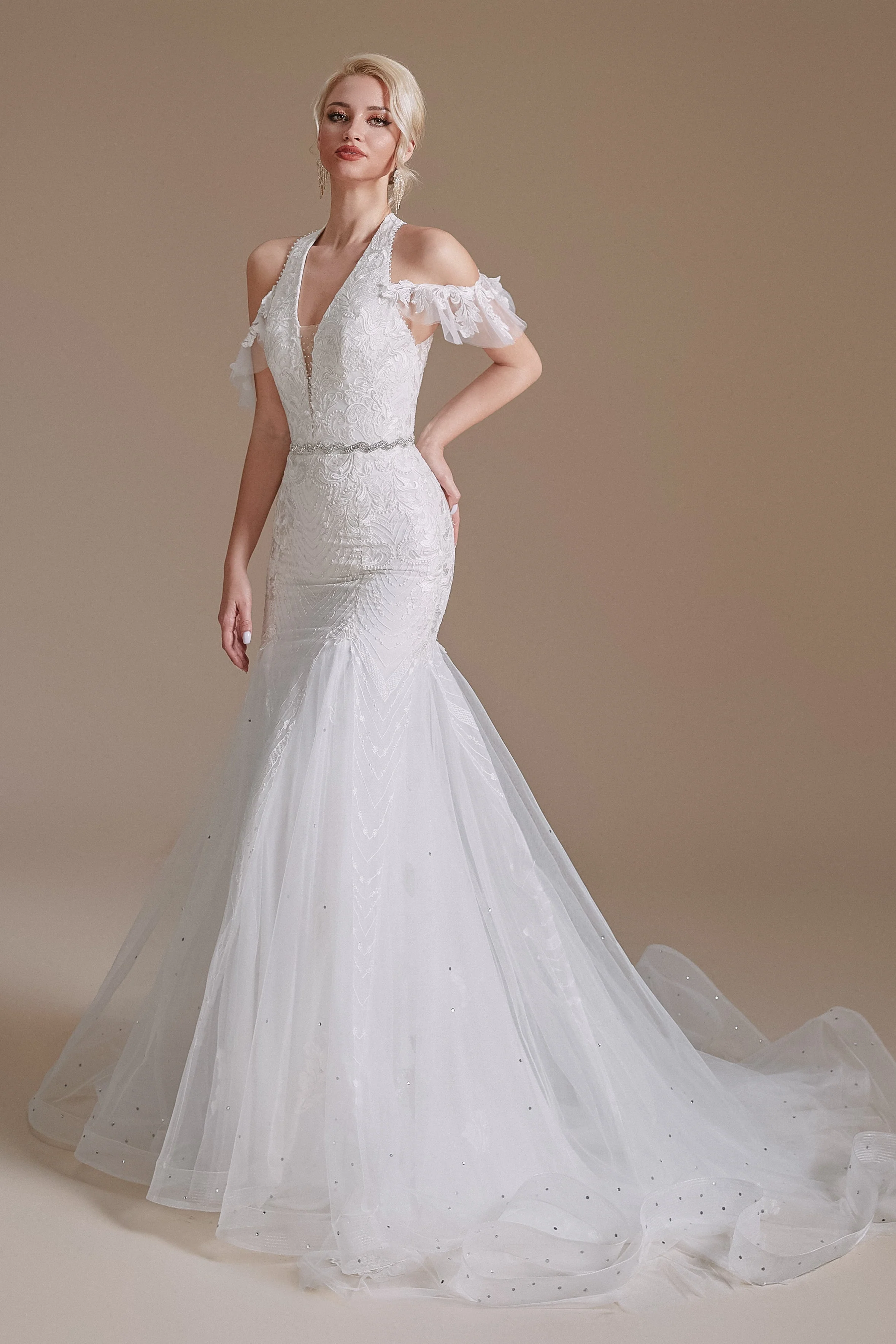 Cool Shouder V Neck Court Applique Mermaid Wedding Dress | Ballbella Design - Image 5