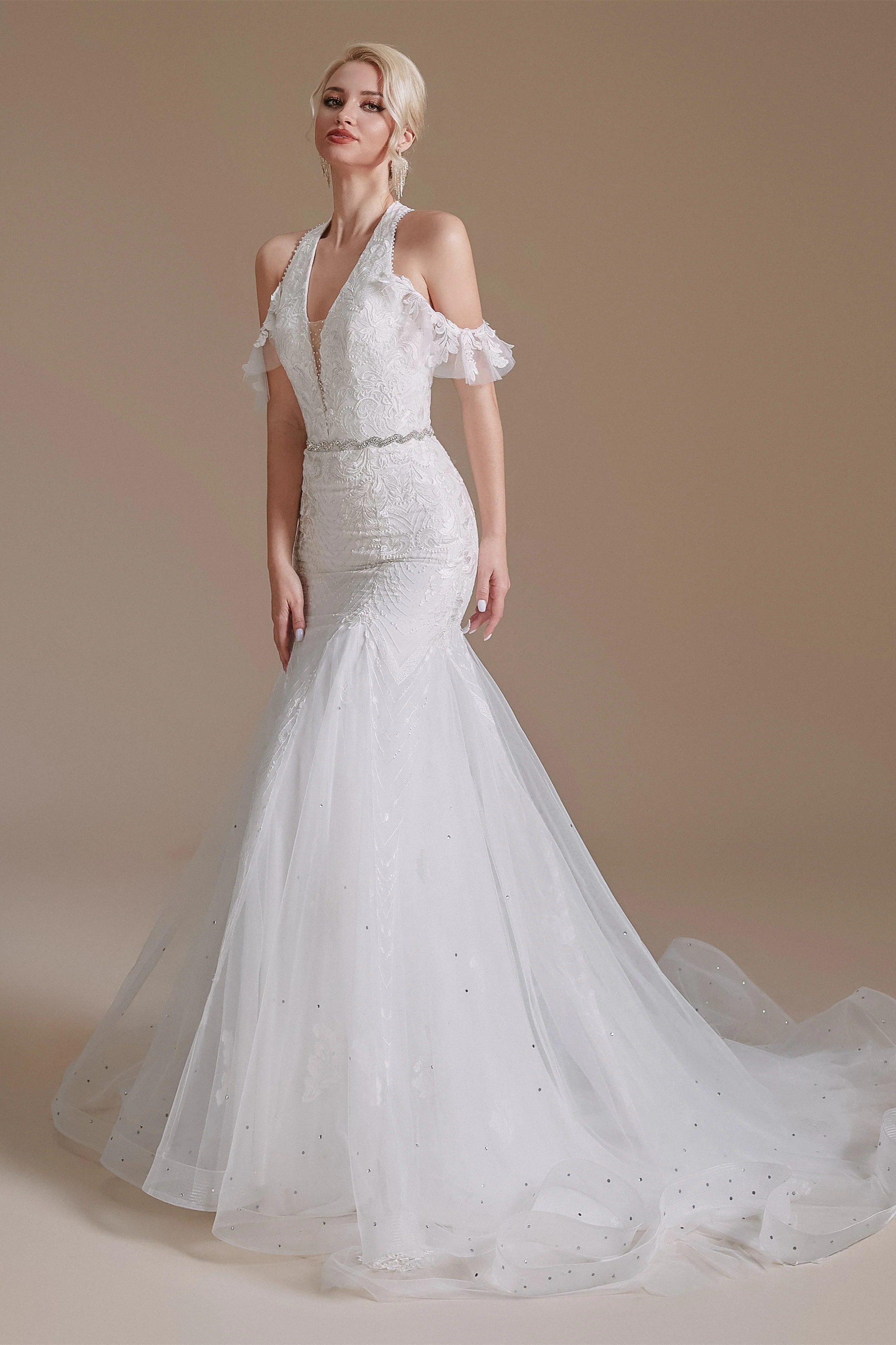 Cool Shouder V Neck Court Applique Mermaid Wedding Dress | Ballbella Design - Image 6