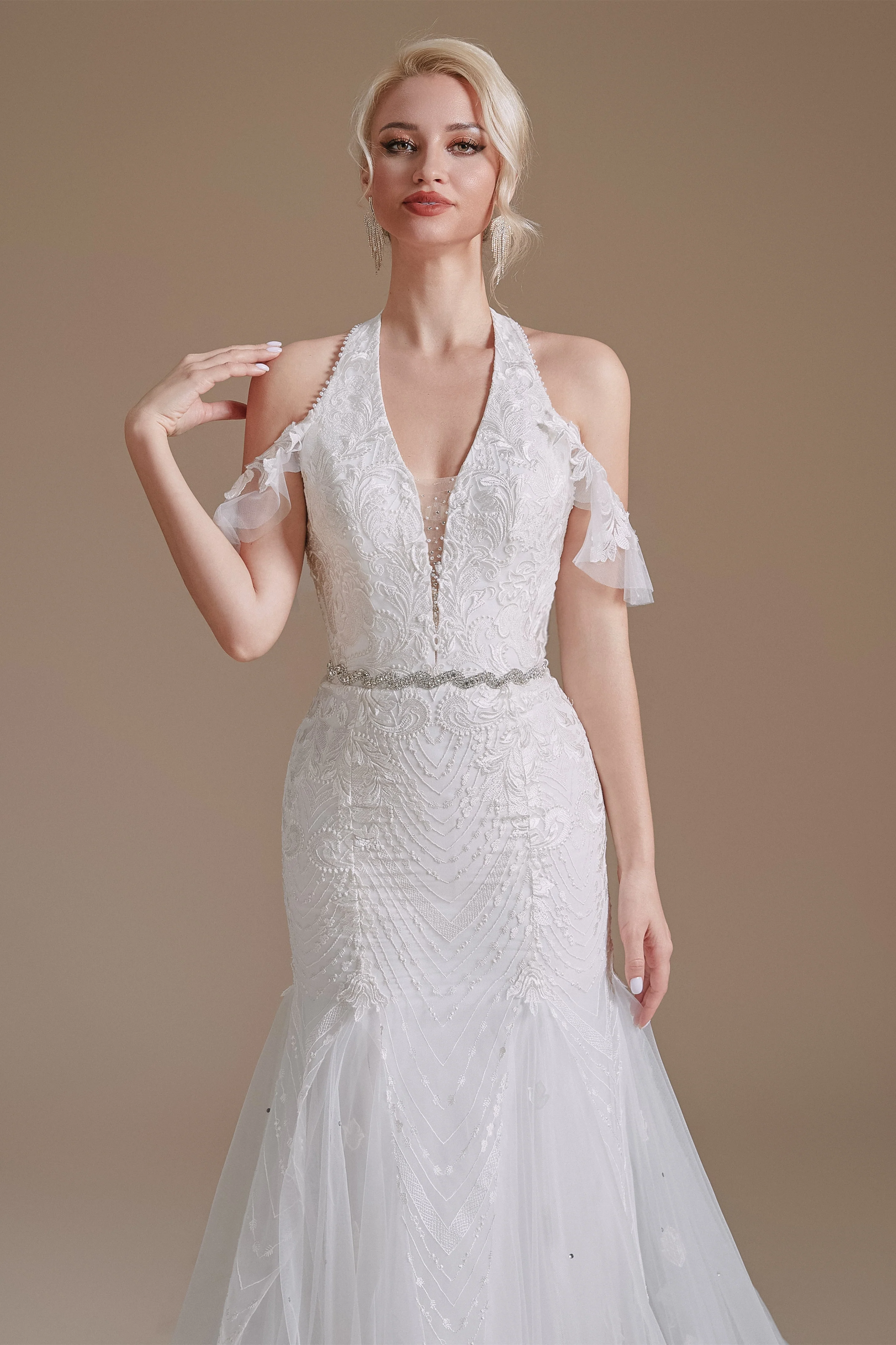 Cool Shouder V Neck Court Applique Mermaid Wedding Dress | Ballbella Design - Image 7
