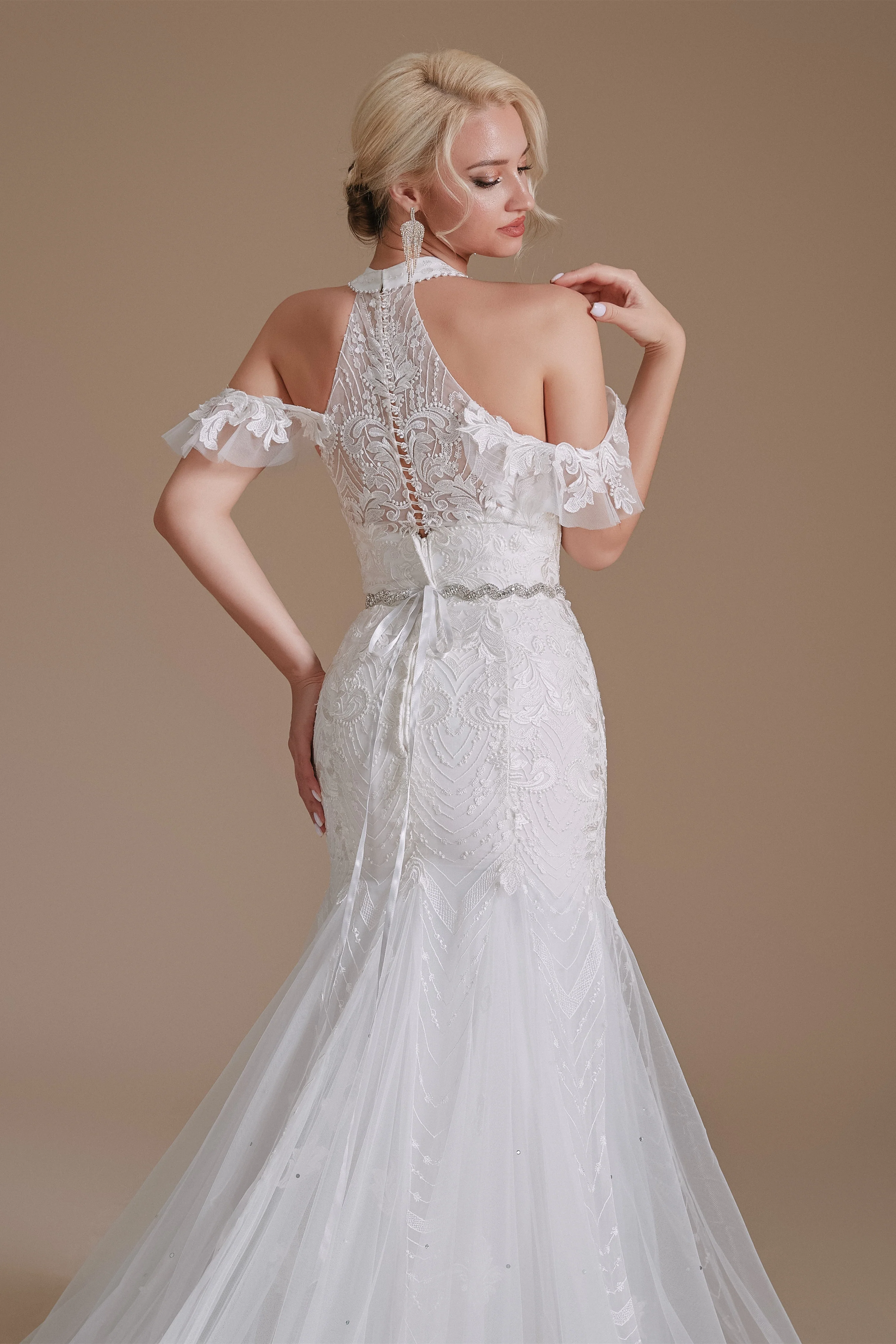 Cool Shouder V Neck Court Applique Mermaid Wedding Dress | Ballbella Design - Image 8