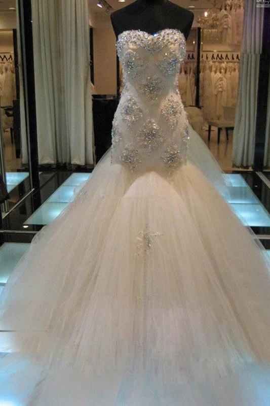 Court Train Mermaid Beading Sleeveless Tulle Sweetheart Wedding Dresses - Image 2