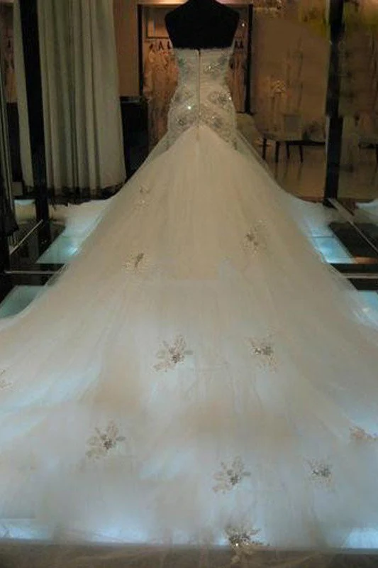 Court Train Mermaid Beading Sleeveless Tulle Sweetheart Wedding Dresses - Image 3