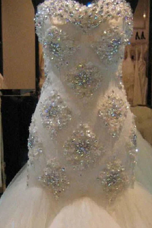 Court Train Mermaid Beading Sleeveless Tulle Sweetheart Wedding Dresses - Image 4
