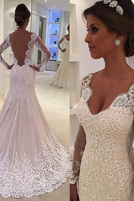 Court Train Mermaid V neck Lace Long Sleevess Wedding Dresses - Image 2