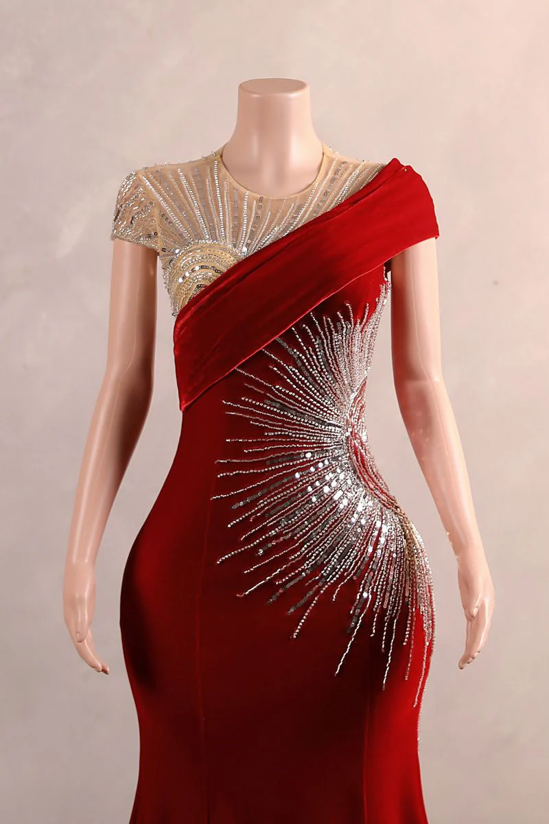 Crew One-Shoulder Empire Sweep Train Sequins Beading Evening Dress - Image 4