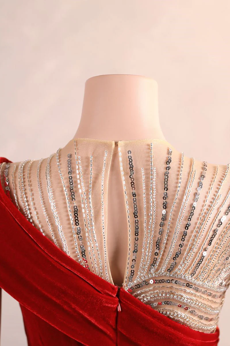 Crew One-Shoulder Empire Sweep Train Sequins Beading Evening Dress - Image 5