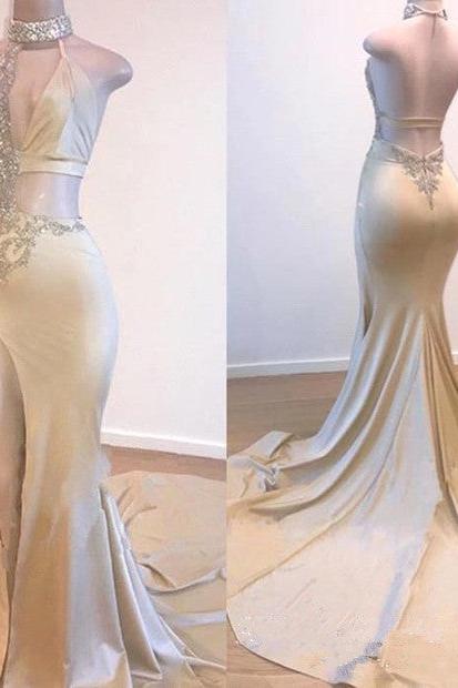 Crystal Halter Side Slit Prom Dresses A-Line Backless Sleeveless Evening Dresses - Image 2