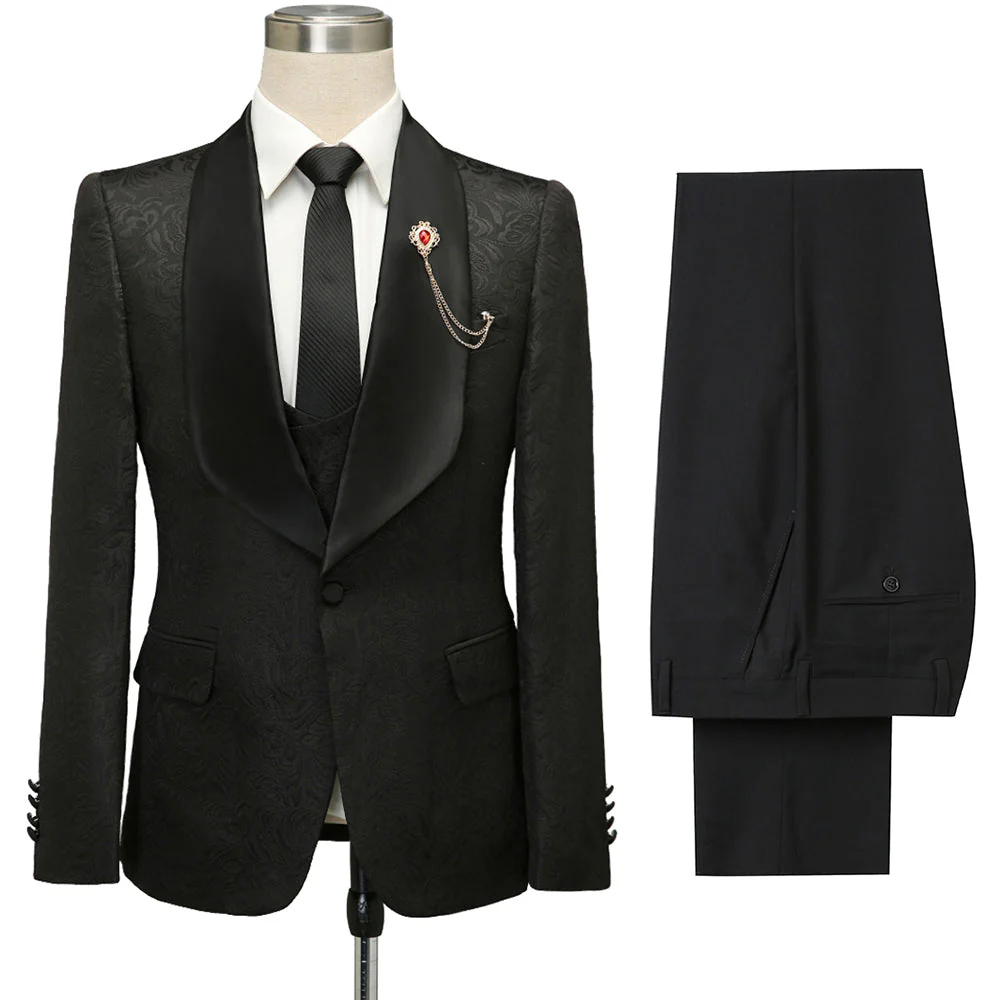 Custom design Black Jacquard Shawl Lapel Wedding Suits - Image 5