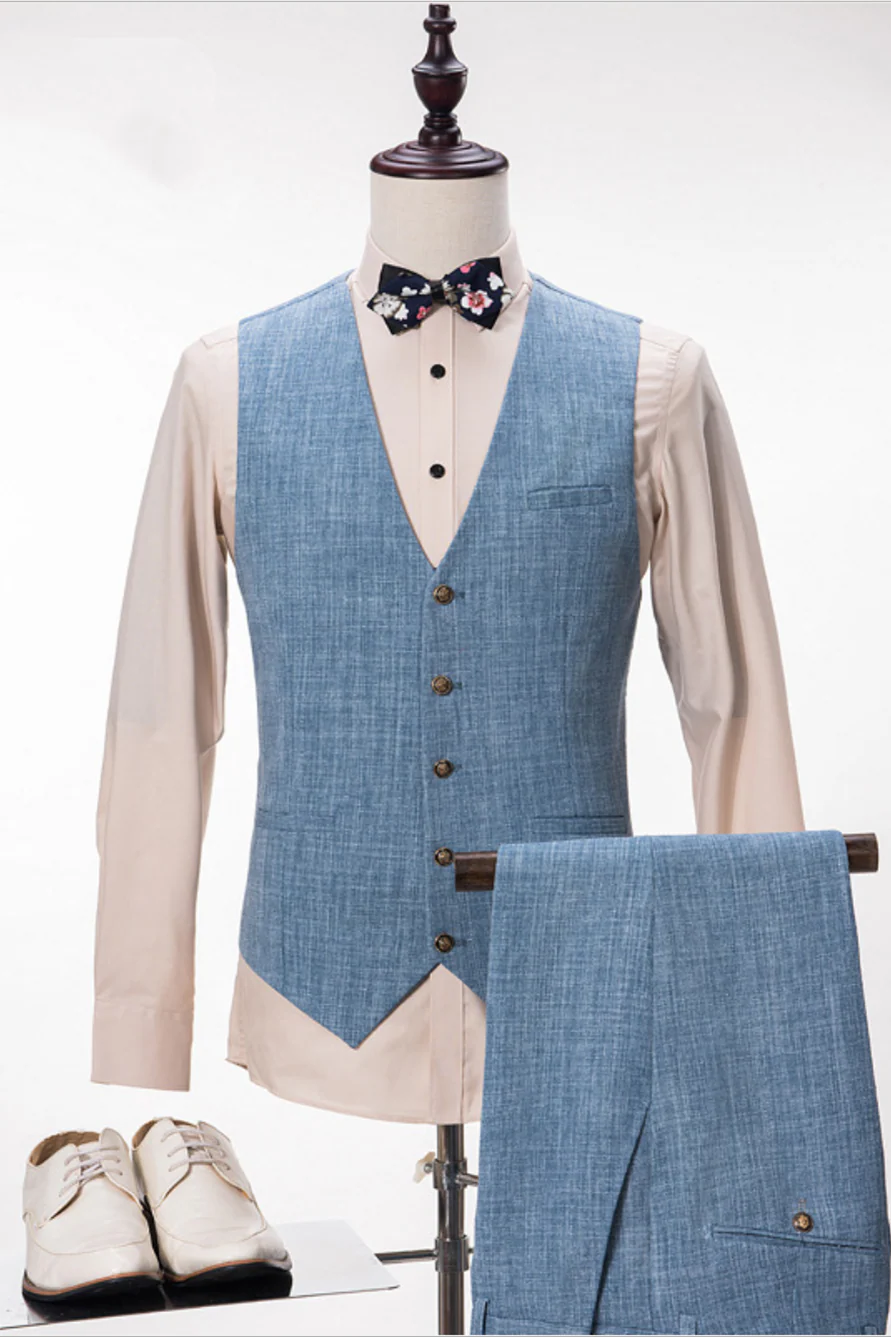 Custom design Blue Linen Suit For Wedding Peak Lapel Summer Groom and Groomsmen Suits - Image 2