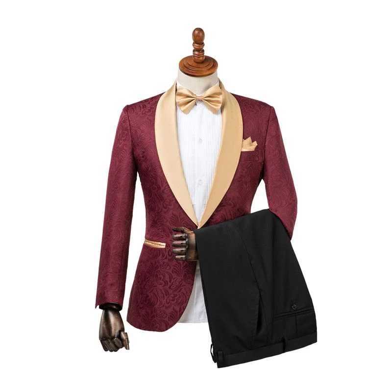 Custom design Burgundy Slim Fit Jacquard Wedding Suit for Men - Image 2