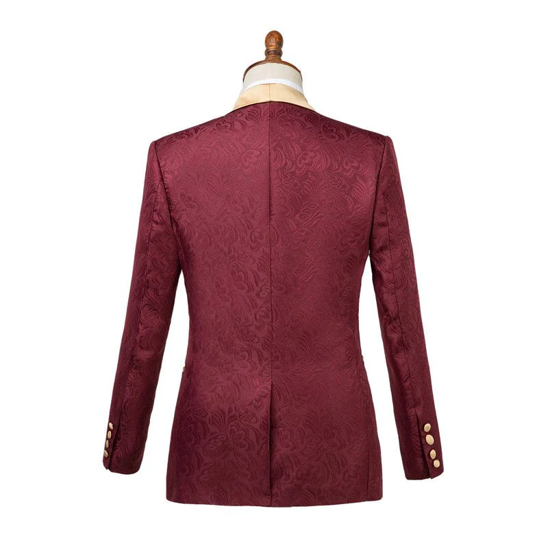 Custom design Burgundy Slim Fit Jacquard Wedding Suit for Men - Image 3