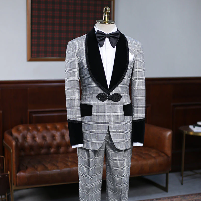 Custom design Gray Plaid Knitted Button Wedding Suit For Grooms - Image 2