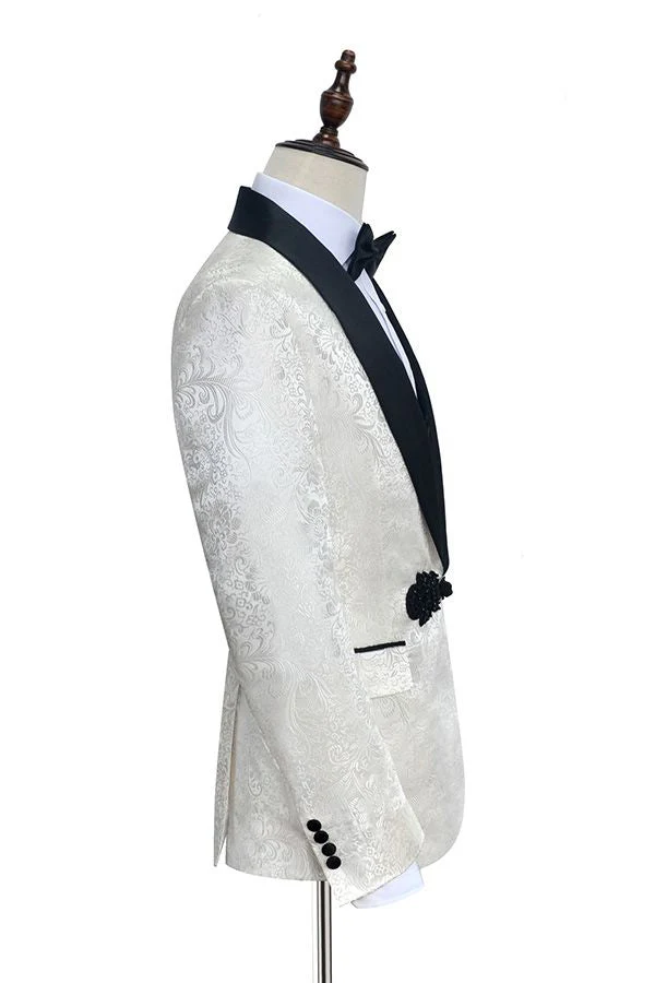Custom design Knitted Button Black Shawl Lapel Three Piece White Jacquard Wedding Tuxedo for Men - Image 2