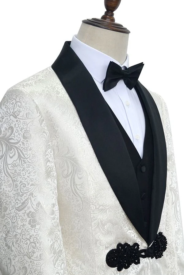 Custom design Knitted Button Black Shawl Lapel Three Piece White Jacquard Wedding Tuxedo for Men - Image 3