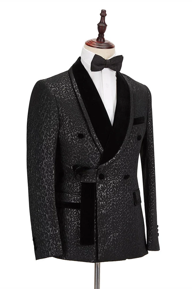 Custom design Velvet Lapel Double Breasted Prom Suit Belt Leopard Black Jacquard Men Suit for Wedding - Image 3