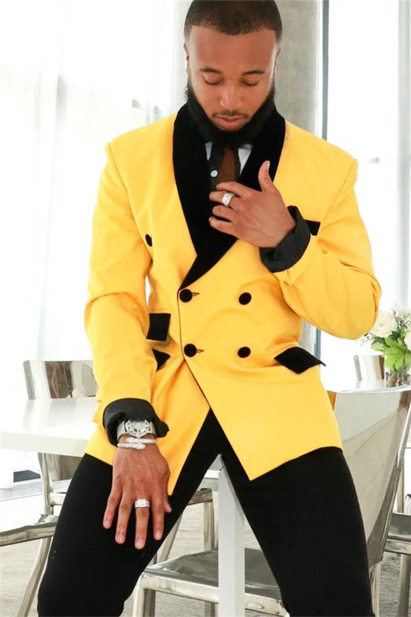 Custom design Yellow Double Breasted Slim Fit Mens Suits with Black Shawl - Image 2
