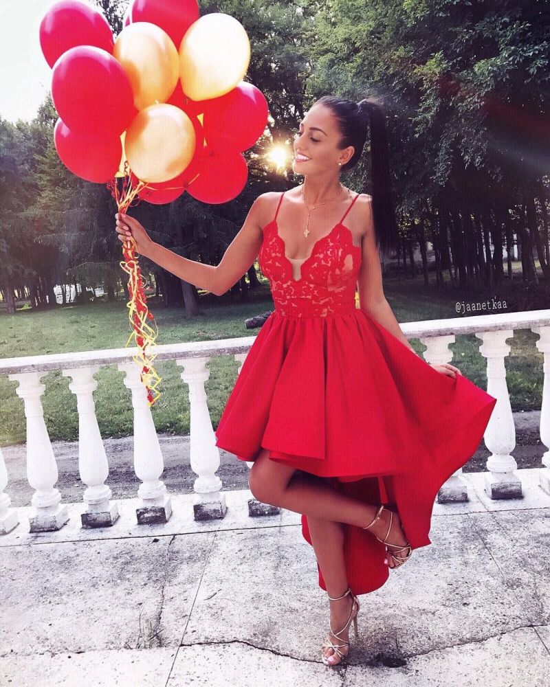 Cute Red High-low A-line Lace V-neck Homecoming Dress - Image 2