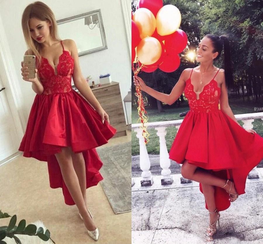 Cute Red High-low A-line Lace V-neck Homecoming Dress - Image 3