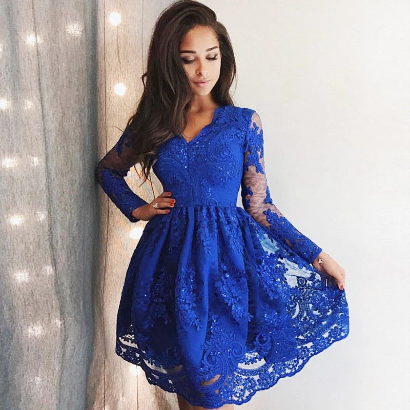 Cute Royal Blue Lace Long Sleeves Homecoming Dress Short Hoco Dresses - Image 2